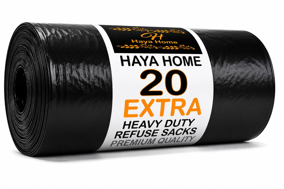Haya Home 50L 50 Bin Bags Heavy Duty Bin Liners, Black Plastic Refuse Sacks large Garbage Waste Dustbin Bags for Kitchen Home Office DIY Garden from 100% Recycled Material