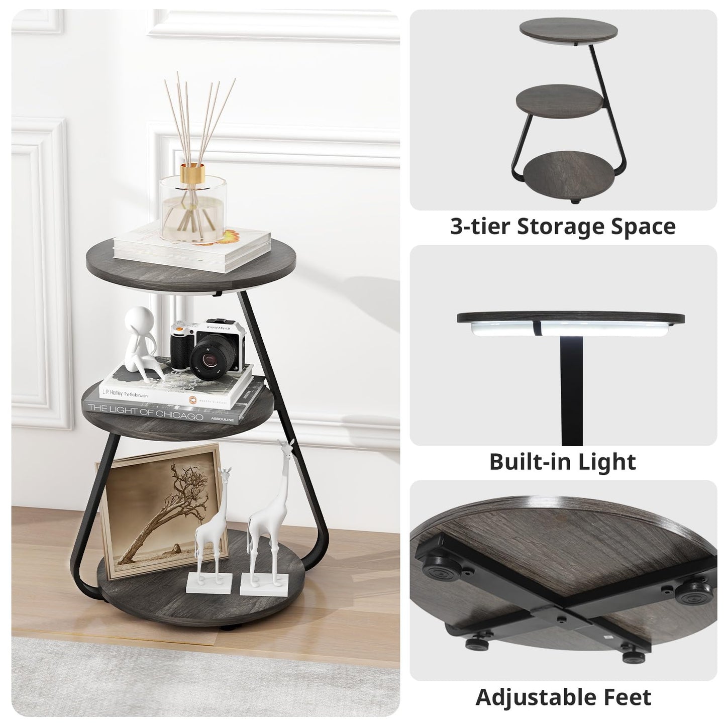 ARTETHYS Side Table, Small Round Coffee Table with 3 Color LED Lights, End Table with 3 Tier Storage Shelves, Bedside Sofa Side Tables for Living Room Bedroom, Rustic Brown