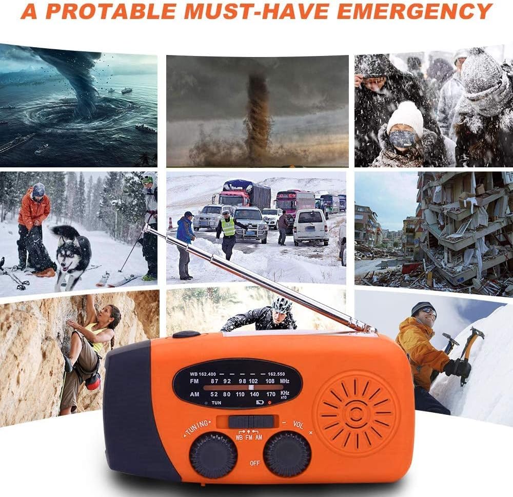 SOLARBABY Wind Up Solar Radio, Emergency Hand Crank Self Powered AM/FM Survival Solar Weather Radio with LED Flashlight,SOS Alarm,2000mAh Emergency Power Bank for Smart Phone (M-Orange)