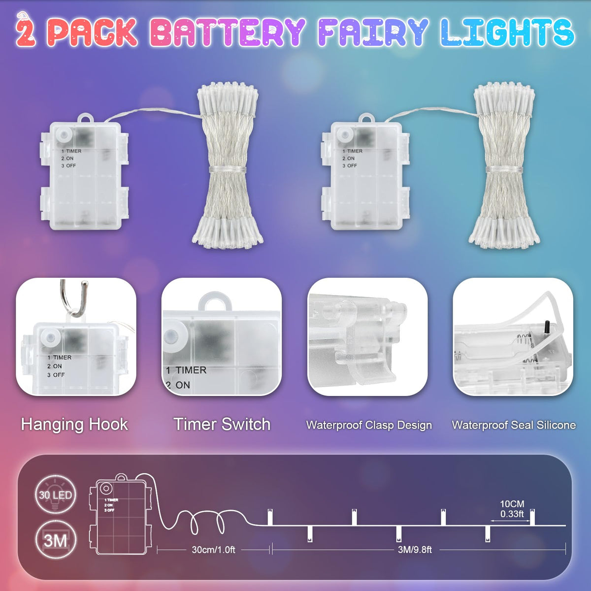 Dalugo Battery Fairy Lights, 3M 30 LED Warm White String Lights with 6h Timer, IP65 Waterproof Battery Powered Fairy Lights for Indoor Outdoor Christmas Decorations