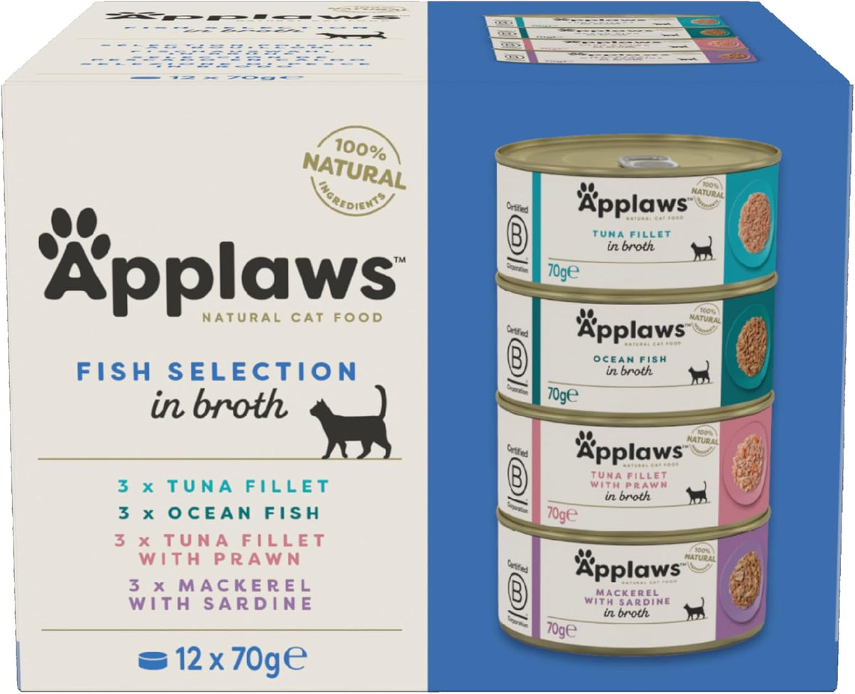 Applaws Natural Wet Cat Food, Multipack Fish Selection in Broth 70 g Tin (Pack of 12)