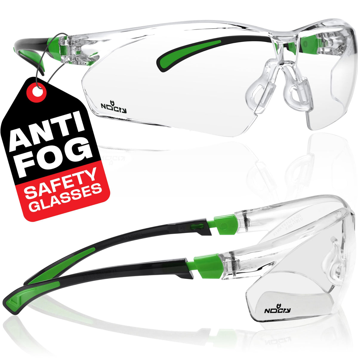 NoCry Clear Safety Glasses for Work with Anti Fog Scratch Resistant Wrap-Around Lenses and Non-Slip Grips, UV Protection. Adjustable Eye Protection Cycling and Squash Glasses with Black & Green Frames
