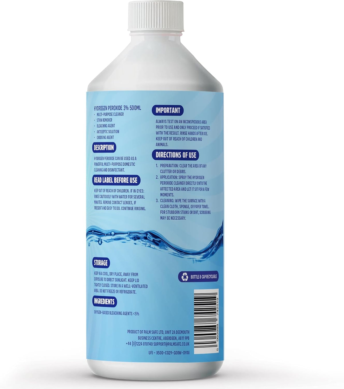 Pure Safe Hydrogen Peroxide 3% Solution 500ml – Multi-Purpose Household Cleaner, Surface Disinfectant, Mould and Mildew Remover, Stain Fighter, Grout Whitener, Kitchen and Bathroom Sanitiser