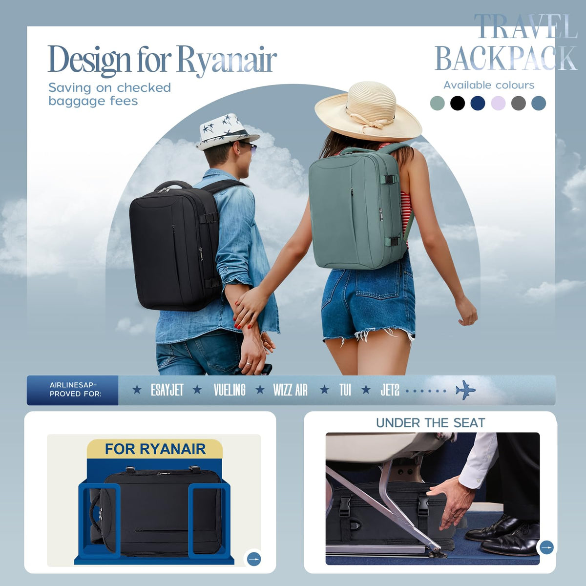 Xkdoai for Ryanair Cabin Bags 40x30x20,Backpack with TSA Approved Clear Bag