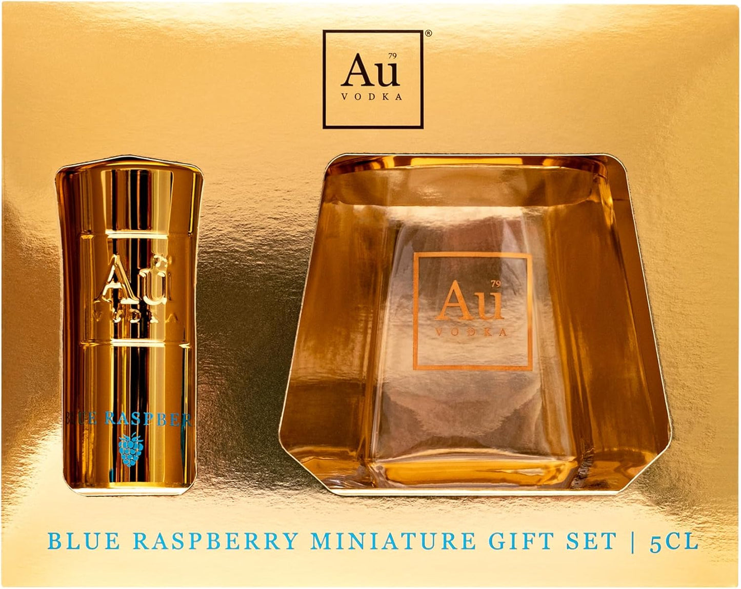 Au Vodka Gift Set - Blue Raspberry Flavoured Vodka 5cl Miniature & Diamond Cut Gold Glass - Official Licensed - Fathers Day, Birthday Gifts for Men and Women - Handcrafted In The UK, Alcohol Gift Set