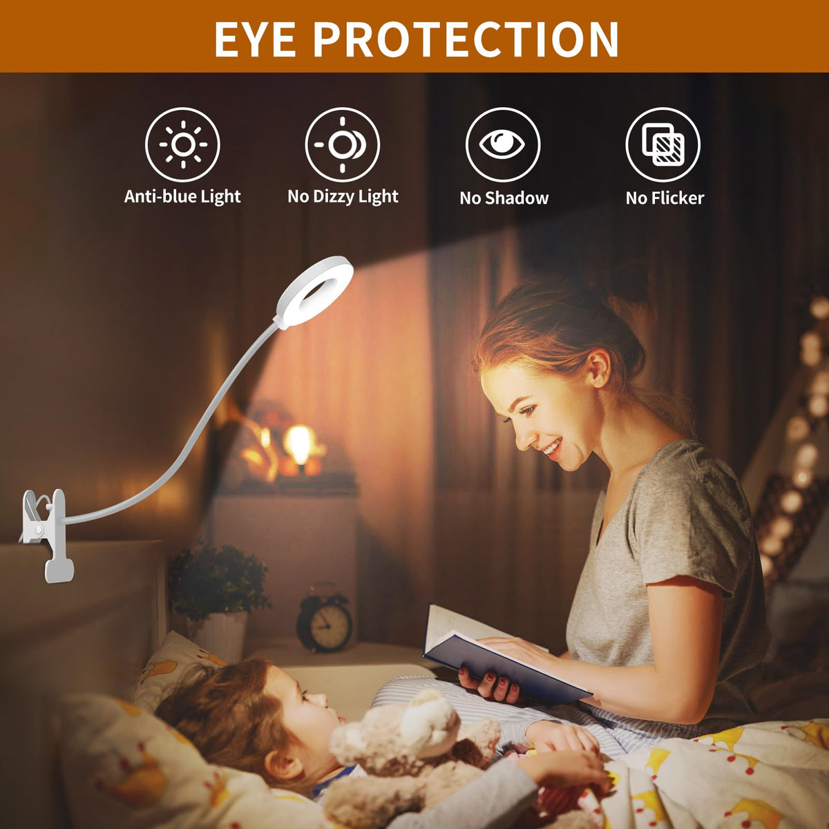 iZELL LED Desk Lamp -【3 Color Modes & 10 Brightness】 Eye Caring Clip on Clamp Light with 70cm Flexible Arm, Book Ring Light with Plug for Home Office, Kids, Reading, Clip on Table, Headboard