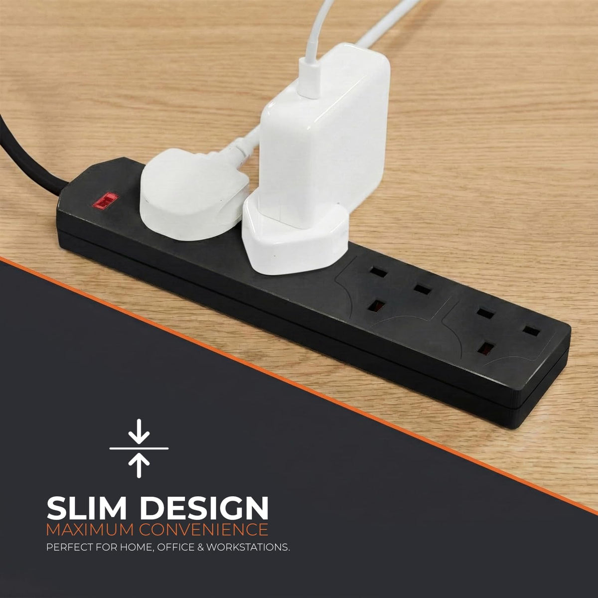 Wolf Power 4 Way Extension Lead, 2 Metre Extension Cable with UK 3 Pin Plug, Multi Socket Power Strip, Wall Mountable, Suitable for Home, Office & Appliances (Black, 1 Pack)