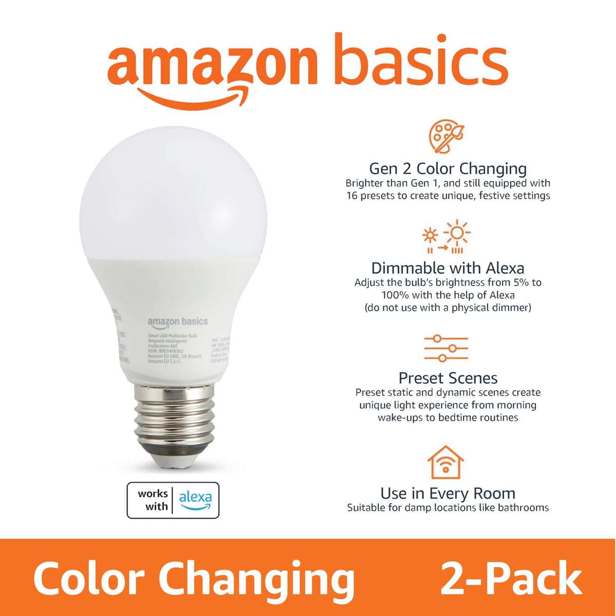 Amazon Basics Smart Dimmable LED Light Bulb, B22 Base, Soft White, 8W (60W Equivalent), Works with Alexa Only, 1 Pack