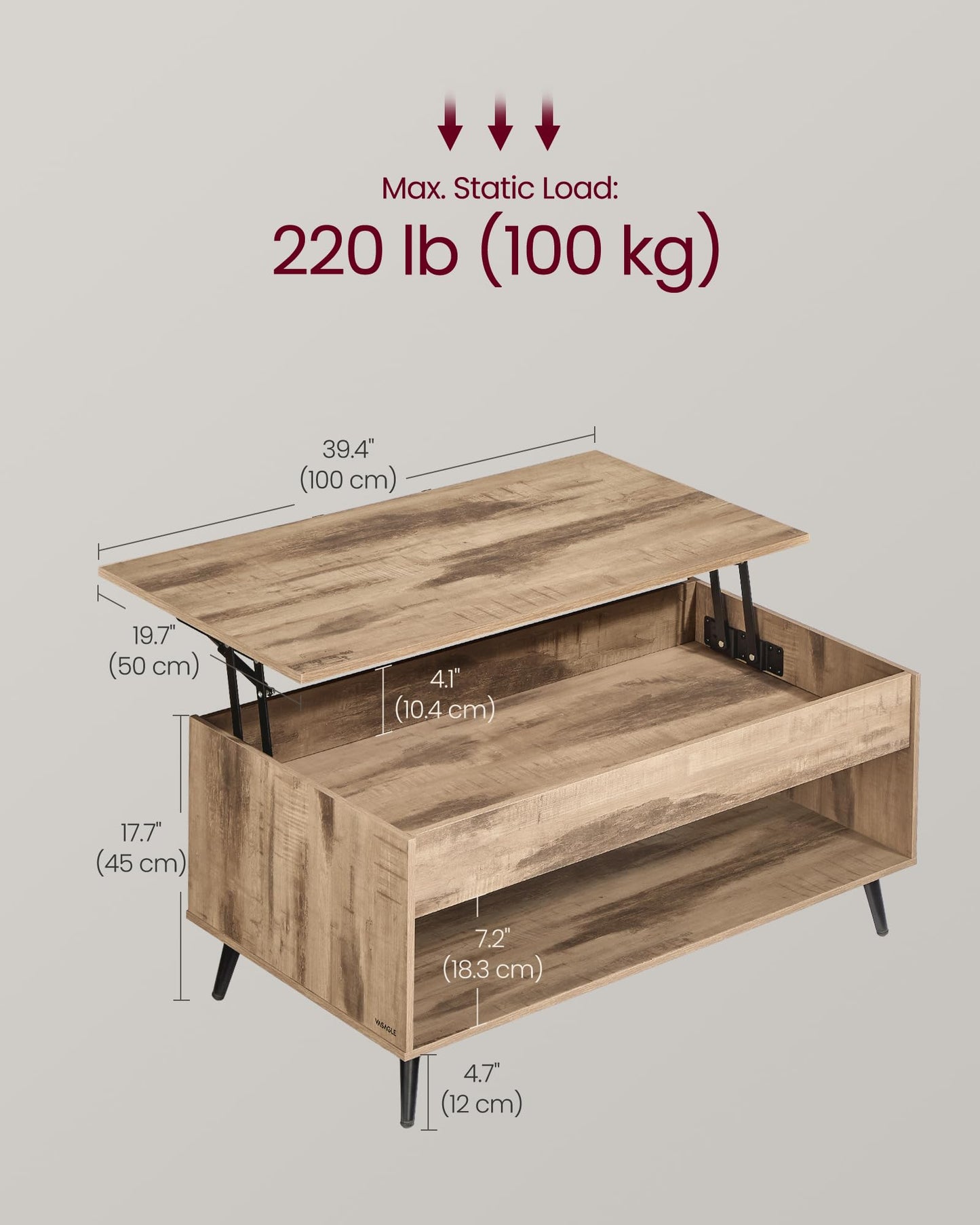 VASAGLE Lift Top Coffee Table, Lift Tabletop Dining Table, Gas Spring, Hidden Compartment, Open Storage Shelf, for Living Room, Home Office, Rustic Brown and Matte Black LCT267KD01