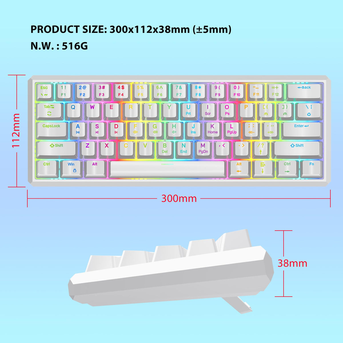 Snpurdiri Wired Mechanical Gaming Keyboard, 60% Size, LED Backlight, 61 Keys, Small Wired Office Keyboard for Windows Laptop/PC, Mac (Black-Red, Blue Switches)