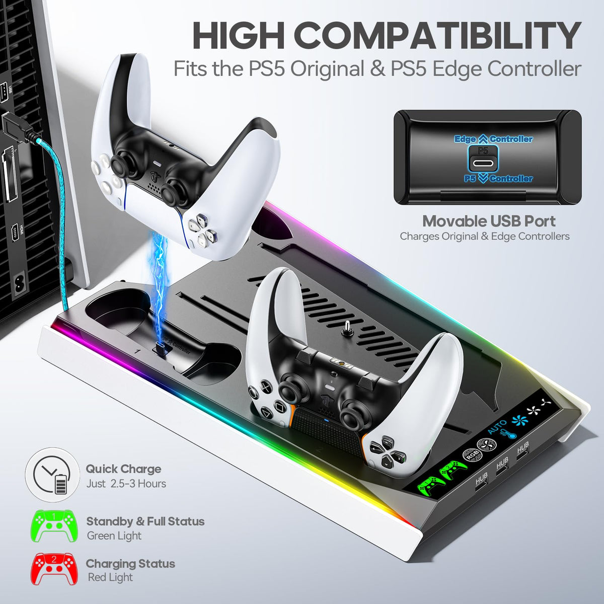 Rysker PS5/Slim/Pro Stand, PS5 Cooling Station Built-in 3-Level Cooling Fan & Fast Charger for Disc & Digital, PS 5 Accessories with Safety Screw and Headset Holder