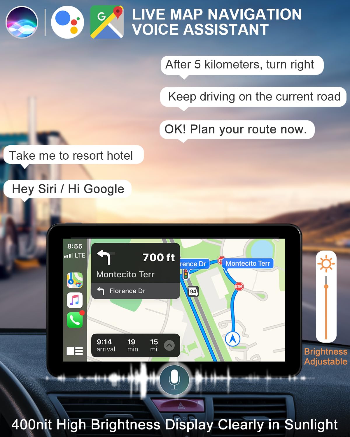 Wireless CarPlay Android Auto Screen, Car Stereo for CarPlay 7" HD Touch Screen Portable Navigation AirPlay Video Music Player Bluetooth WiFi, Voice Control, Mirror Link