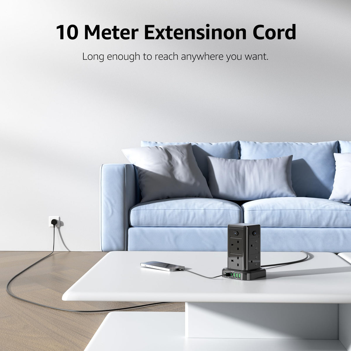 6M Tower Extension Cord with 6 USB Slots, Toomke 8 Way Extension Sockets with 3 USB A and 3 USB C, Tower Plug Extension with 4 Independent Switches 13A 3250W