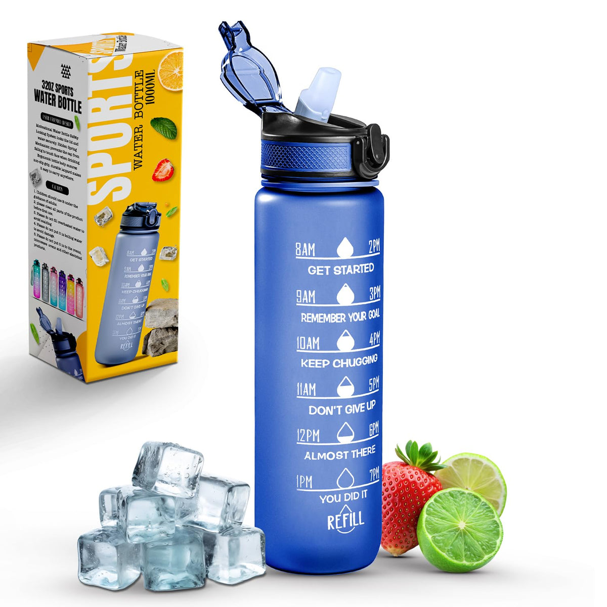 Roe Tenpo Sports Water Bottle with Straw and Time Marking, and 32OZ Capacity - Motivational and Eco-Friendly BPA-Free Bottle for Running, Gym, Yoga, Outdoors, and Camping (Style-1, Black)