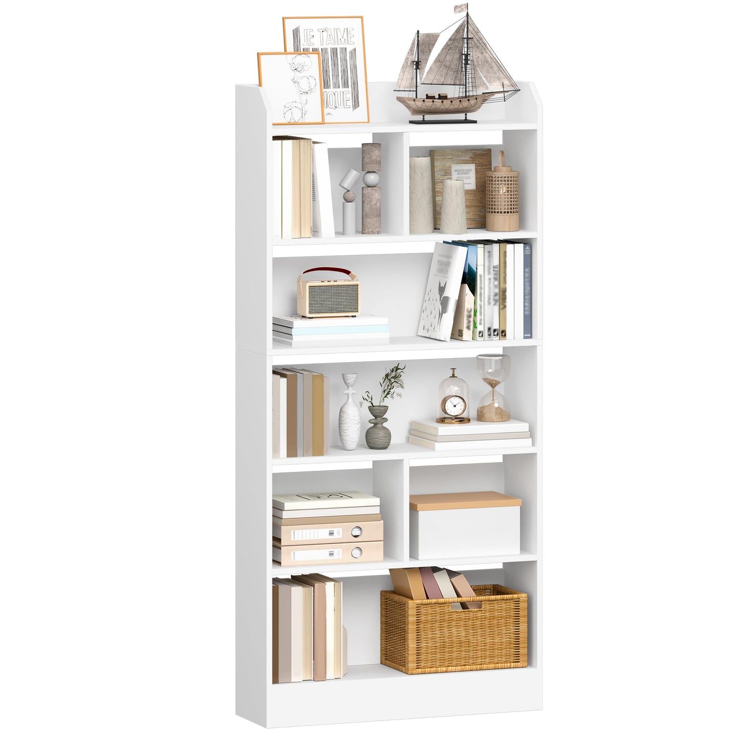 Hzuaneri 6-Tier Bookcase, Bookshelf with 8 Adjustable Storage Shelf Unit, White Bookcase for Living Room, Home Office, Bedroom, Study, 24 x 60 x 199 cm, White, BC11703X