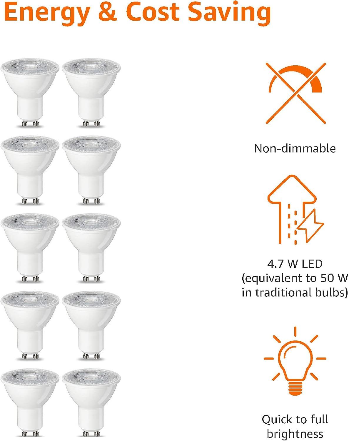 Amazon Basics LED GU10 Spotlight Bulb, 4.7W (equivalent to 50W), Warm White, Non Dimmable - Pack of 10