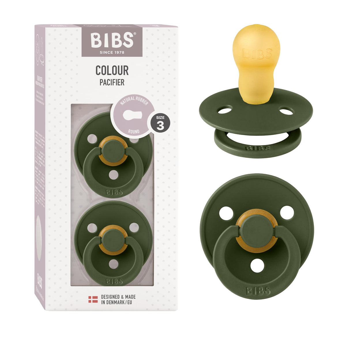 BIBS Colour Soother 2-Pack, BPA Free Dummy Pacifier, Round Nipple. Natural Rubber Latex, Made in Denmark, Size 2 (6-18 Months), Baby Blue