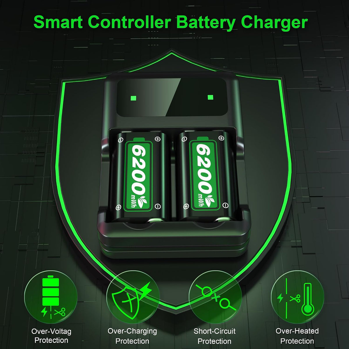 6200mWh Battery for Xbox One/Xbox Series S/X, 2 * 6200mWh Rechargeable Battery 2 Hours Full Charged Fast Charging Station for X-box One/S/X/X-box Series S/X Controller
