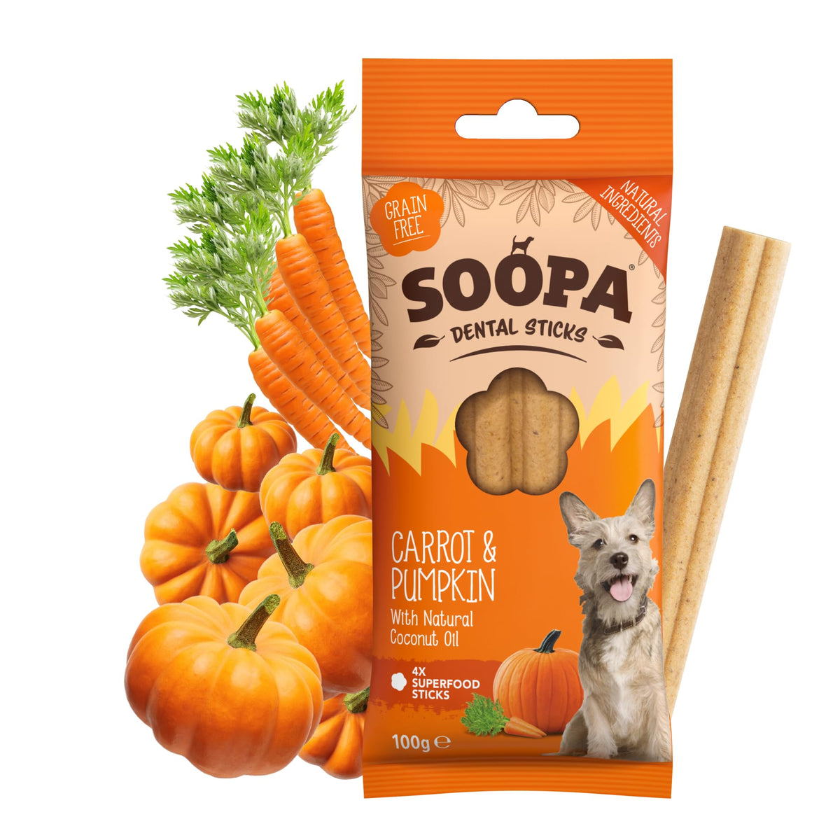Soopa Carrot & Pumpkin Dog Dental Sticks, Chews to Clean Teeth, 100 g, 1-Pk