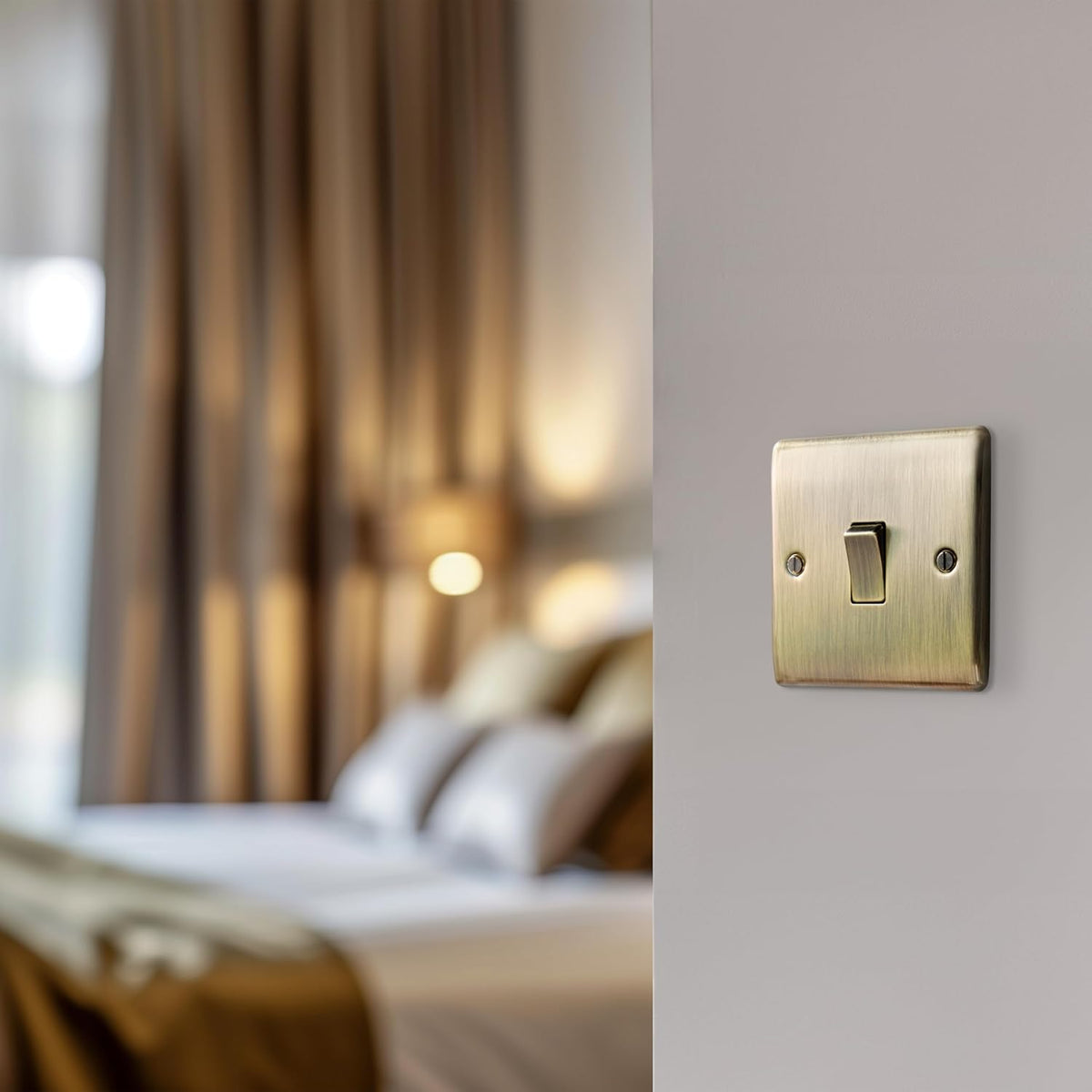 BG Electrical Single Wall Light Switch, 2 Way, Raised and Slim Profile, Round Edges, Nexus Metal, Antique Brass, 20A, 16AX, NAB12