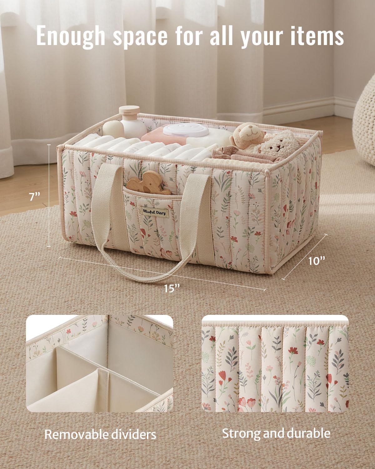 Blissful Diary Nappy Caddy Organiser, Baby Diaper Caddy for Nappy Station, Stylish Storage Basket for Newborn Essentials, Baby Shower Gifts for Girl or Boy, Woodland Cream