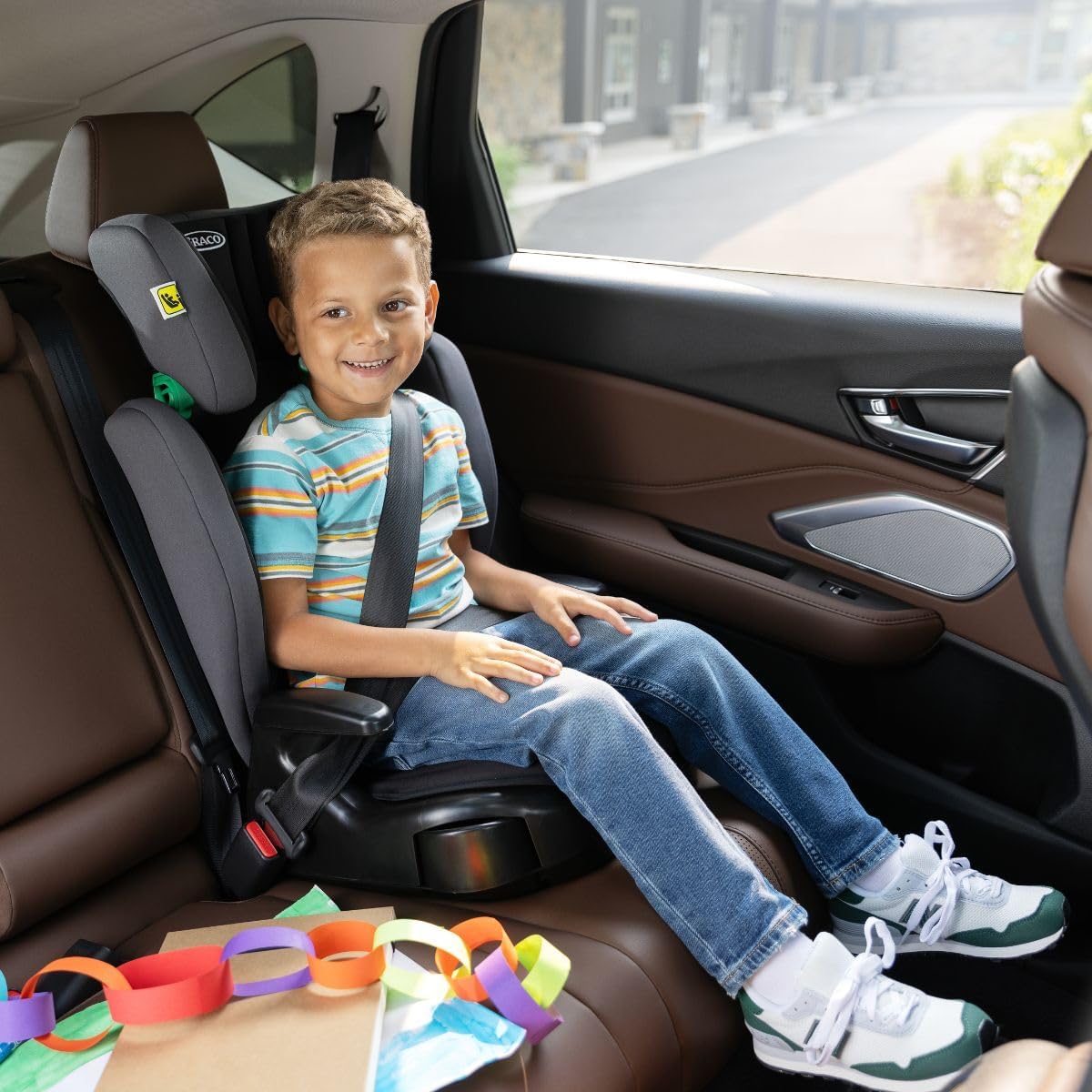 Graco Junior Maxi i-Size R129 Highback Booster car seat with cupholders, Suitable from 100-150cm (approx. 3.5 to 12 years), Midnight fashion