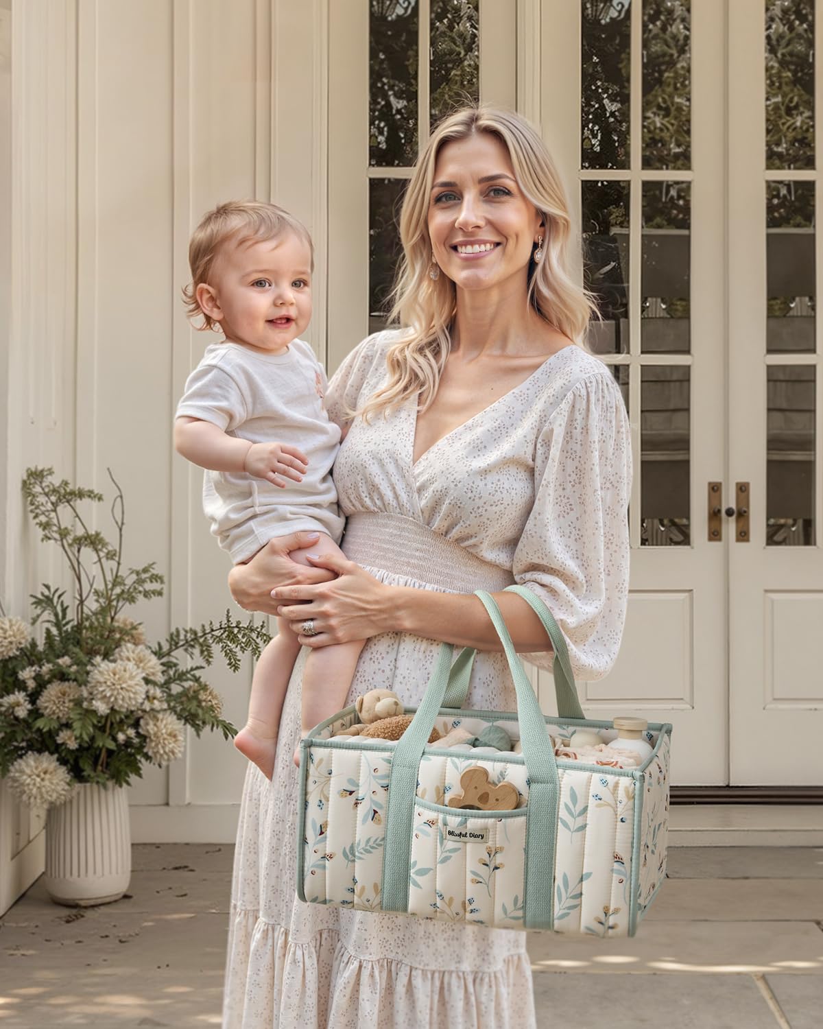 Blissful Diary Nappy Caddy Organiser, Baby Diaper Caddy for Nappy Station, Stylish Storage Basket for Newborn Essentials, Baby Shower Gifts for Girl or Boy, Woodland Cream