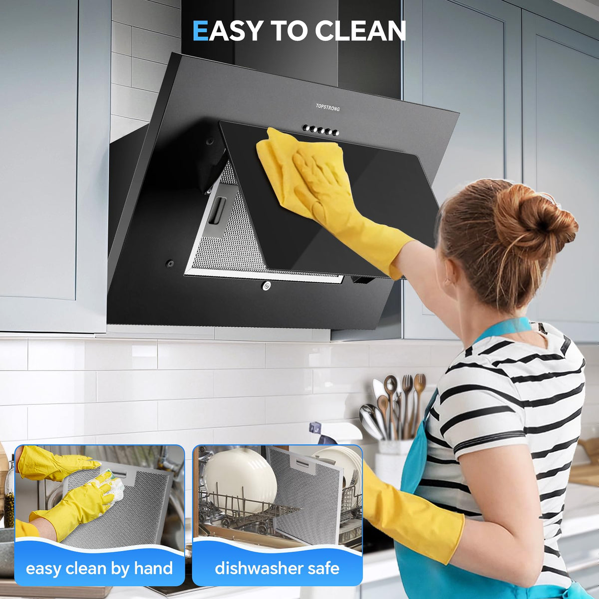 TopStrong Cooker Hood 90cm, 600 m³/h Extractor Fan kitchen, Wall-Mounted Extractor Hood, A++ Energy Efficiency, Touch Control, 58 dB, Recirculating & Ducting System, Black