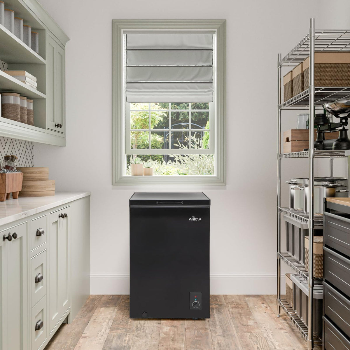 Willow W99CFB Freestanding 99L Chest Freezer with Removable Storage Basket, Suitable for Outbuildings and Garages, 4* Freezer Rating - Black
