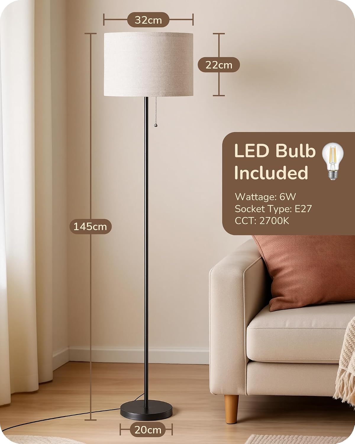 EDISHINE 57'' Modern Floor Lamp with Linen Shade, 2700K LED Bulb Included