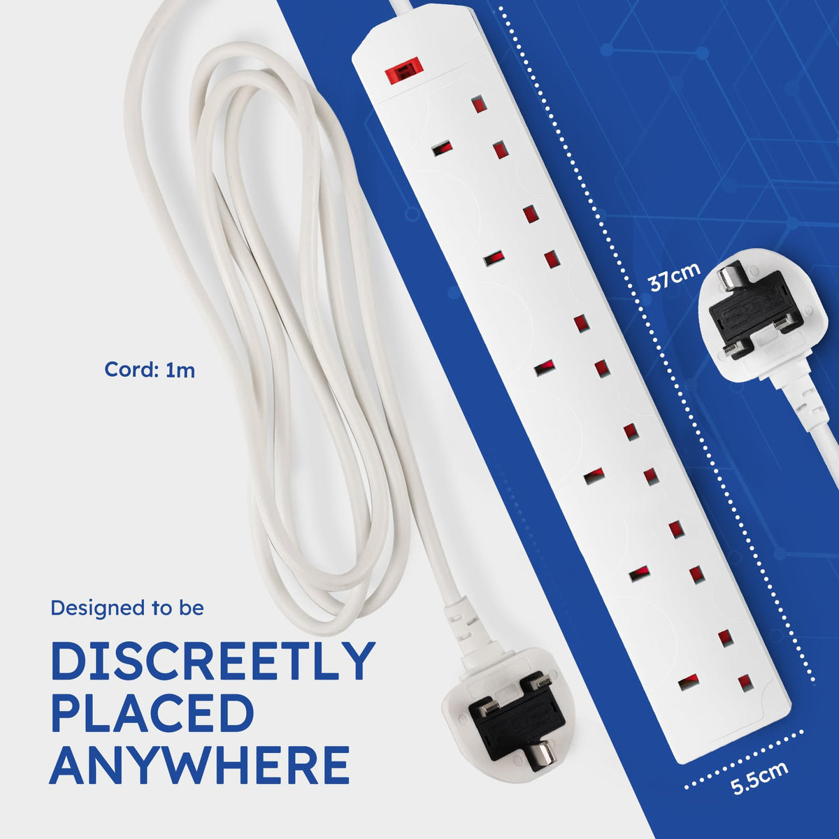 DESIRETECH Black Electric Extension Lead - 4 Gang, 1 Metre Cable with UK Plug & 3 Pin Socket - Wall Mountable & Multi Socket Mains Strip for Home, Bedroom, Kitchen, & Office (1 Pack)