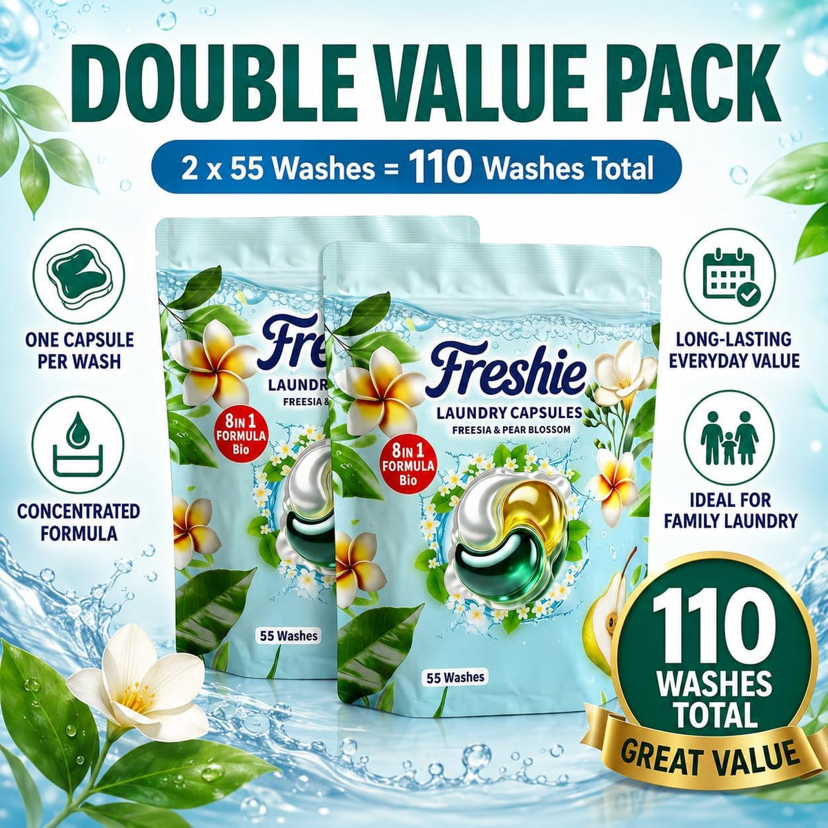 Bio Washing Pods - Laundry Detergent Pods 110 Washes, Fresh Freesia & Pear Blossom Scent - Powerful Stain Removal, Gentle on Skin, Freshness that Lasts and Lasts