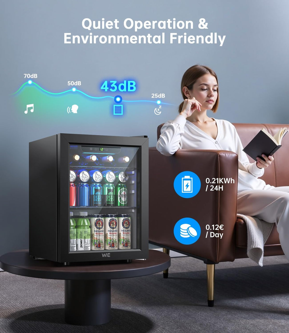 WIE 48L Drinks Fridge with Glass Door, Beer Fridge for 68 Cans or 12 Wine Bottles, Mini Fridge 4-16°C Touch Control, Quiet Beverage Refrigerators with LED Light, Reversible Door for Home, Bar, Office