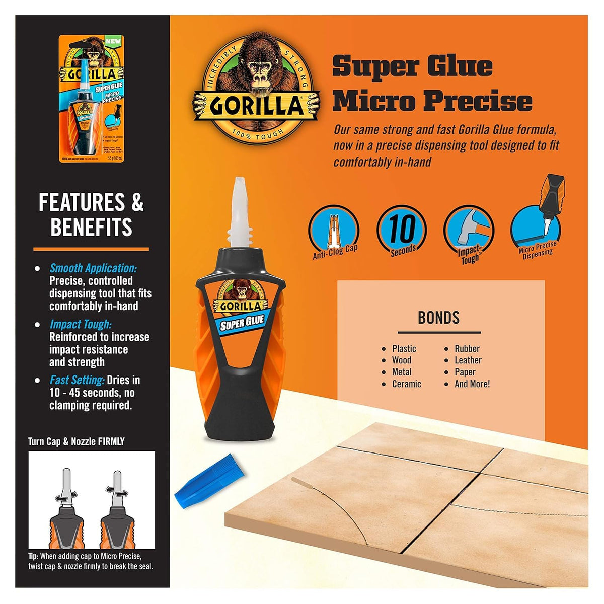 Gorilla Super Glue, 15g – All Purpose, Impact Tough & Fast Setting with Anti-Clog Cap Ideal for Metal, Ceramics, Leather & More