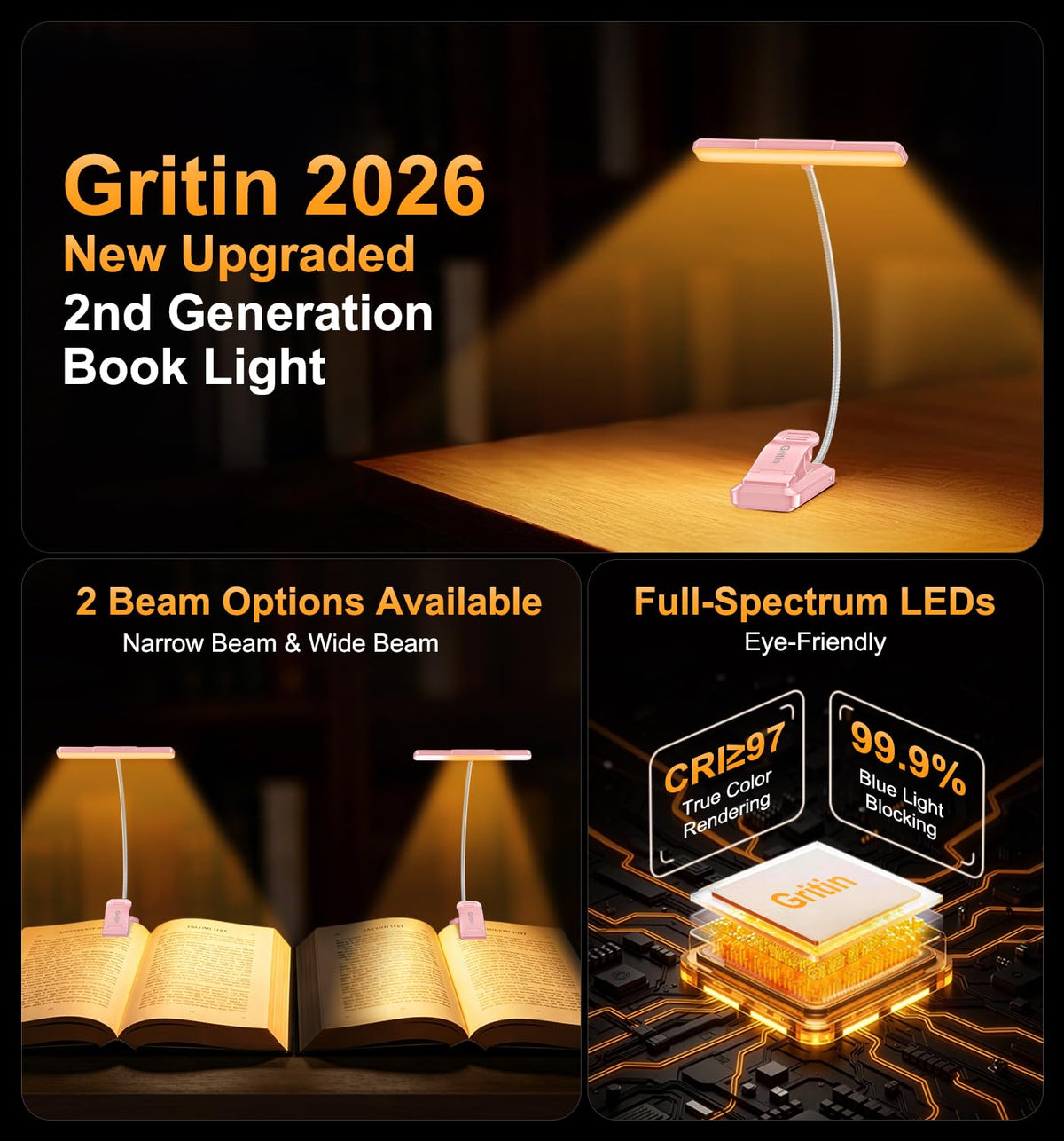 Gritin 2026 Gen 2 Book Light for Reading-32 Eye Caring Full Spectrum LED