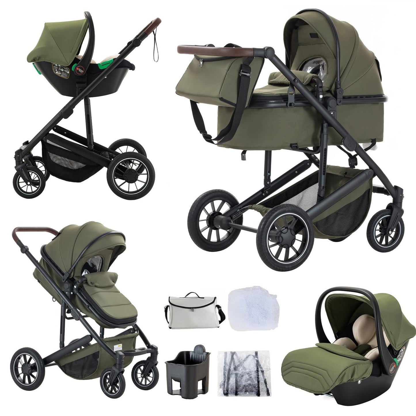 Baby Stroller 3 in 1,Travel Pushchair's Lie-Flat Pram is Foldable, Stroller System Handle is Adjustable, The Wheels are Made of PU Material, Suitable for 0-3 Years-Khaki