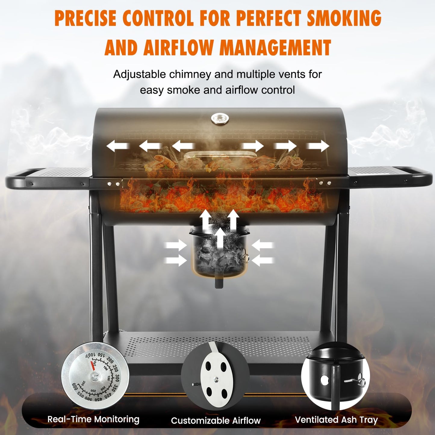 Charcoal BBQ Grill With Offset Smoker: Large Oil Drum Barbecue Barrel Grill For Outdoor Garden