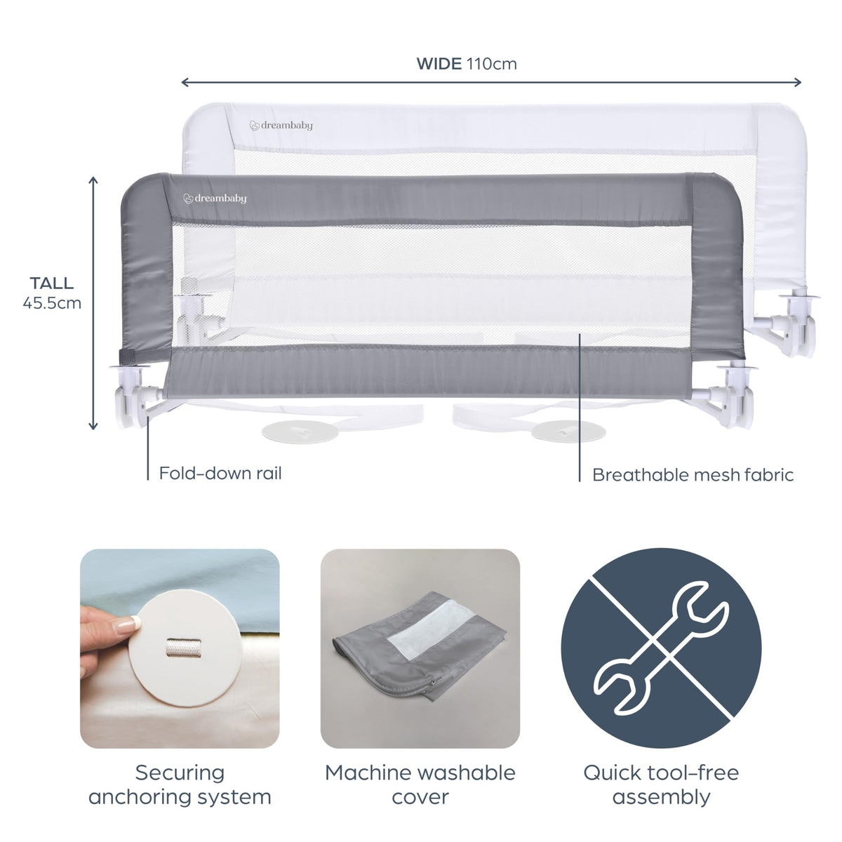 Dreambaby Phoenix Toddler Bed Guard - Foldable & Travel Safety Rail - Suitable for Single, Double and King Size Mattress - Measures 110cm Wide x 45.5cm Tall