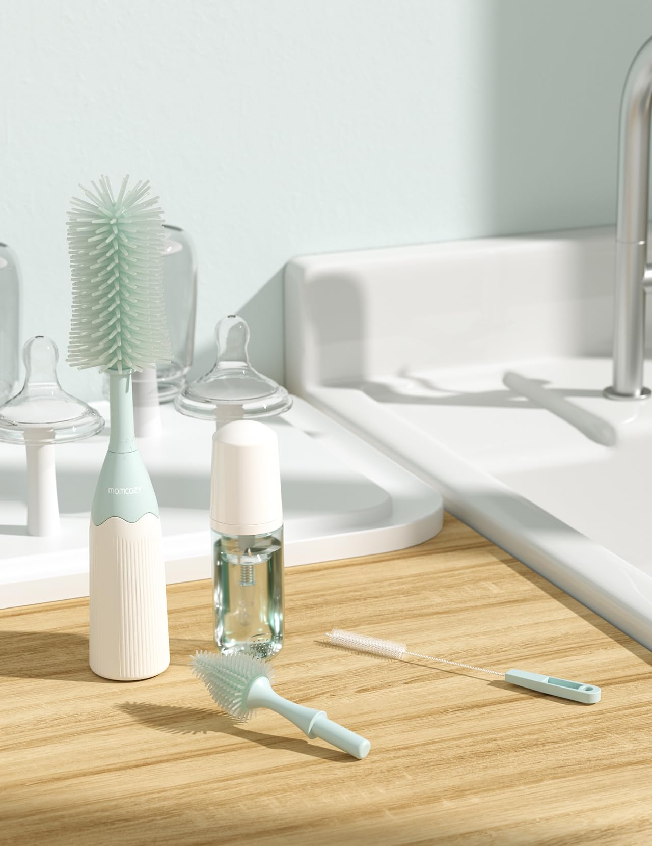 Momcozy Bottle Brush Set - Baby Bottle Cleaner Kit with Silicone Brush, Nipple Brush, Straw Brush, Soap Dispenser, Drying Rack - 7 in 1 Bottle Cleaning Tool for Home and Travel, Green
