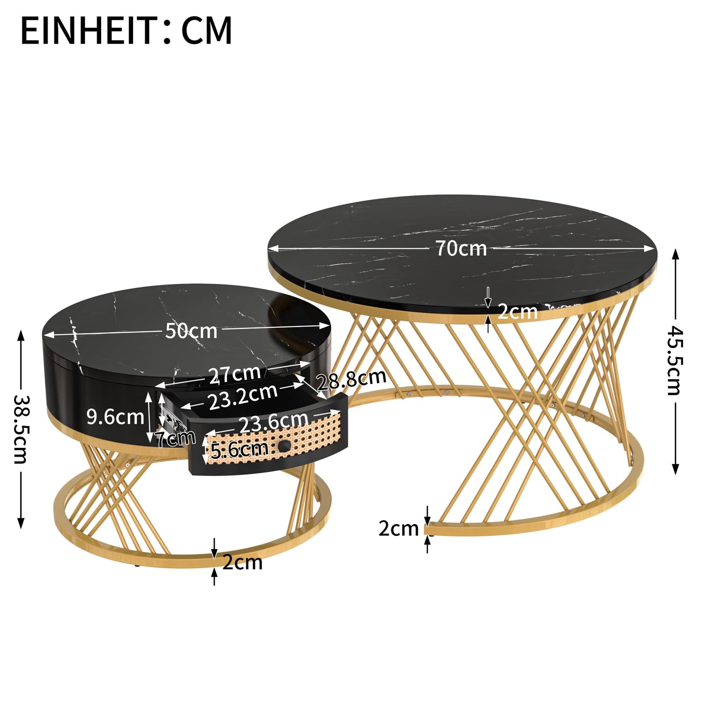 ModernLuxe 2-in-1 Coffee Table, Multi-functional Side Table with Marble Grain Veneer Top, Rattan Drawers, Solid Wood Handles, Gold Coloured Iron Legs, Round Nest of Tables for Living Room, Black