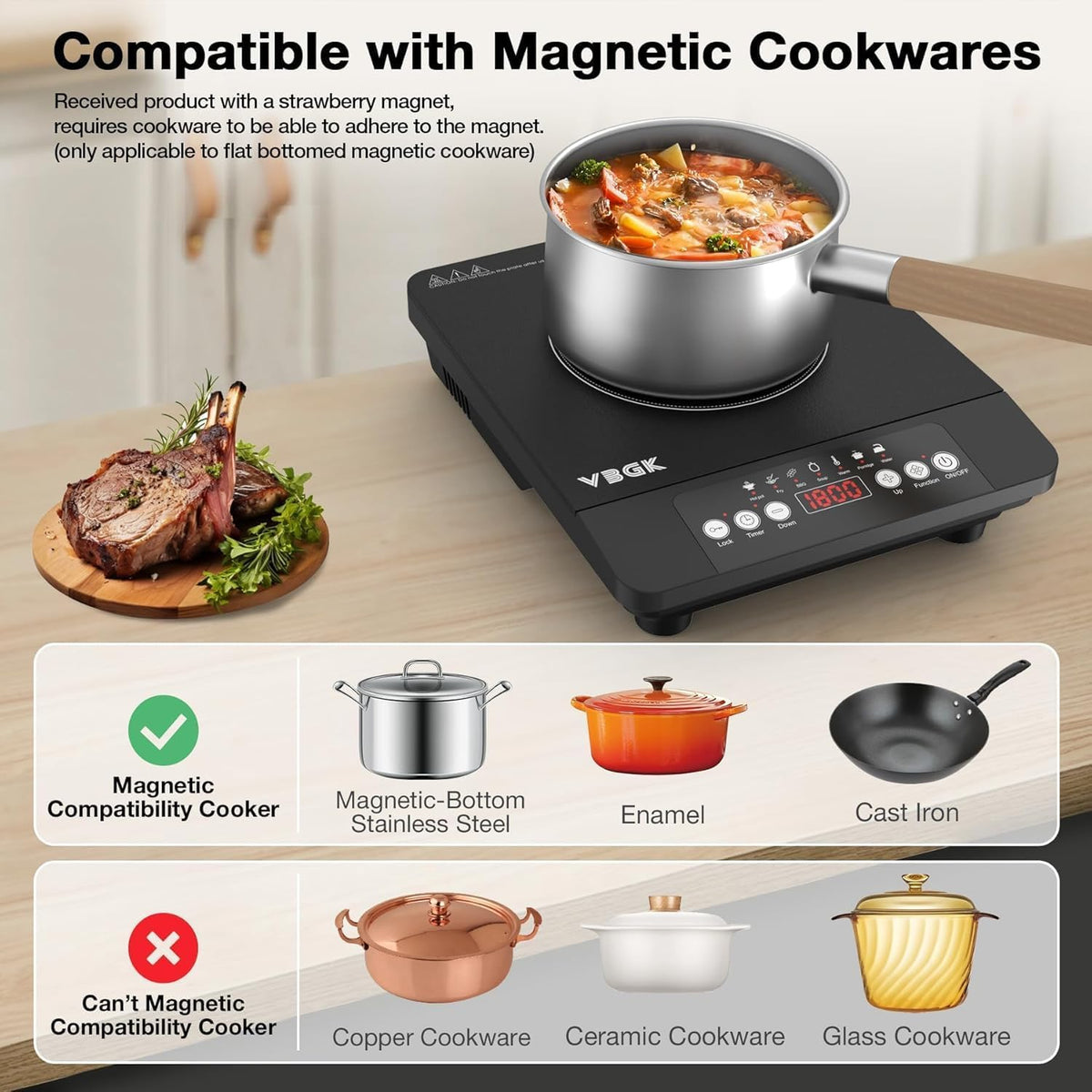 VBGK Double Electric Hob, 220V 3600W Ceramic Hob with Handle, Electric Hot Plate with 9 Power Levels, Child Safety Lock, Timer,Knob and Touch Control, 2 Burner Cooktop