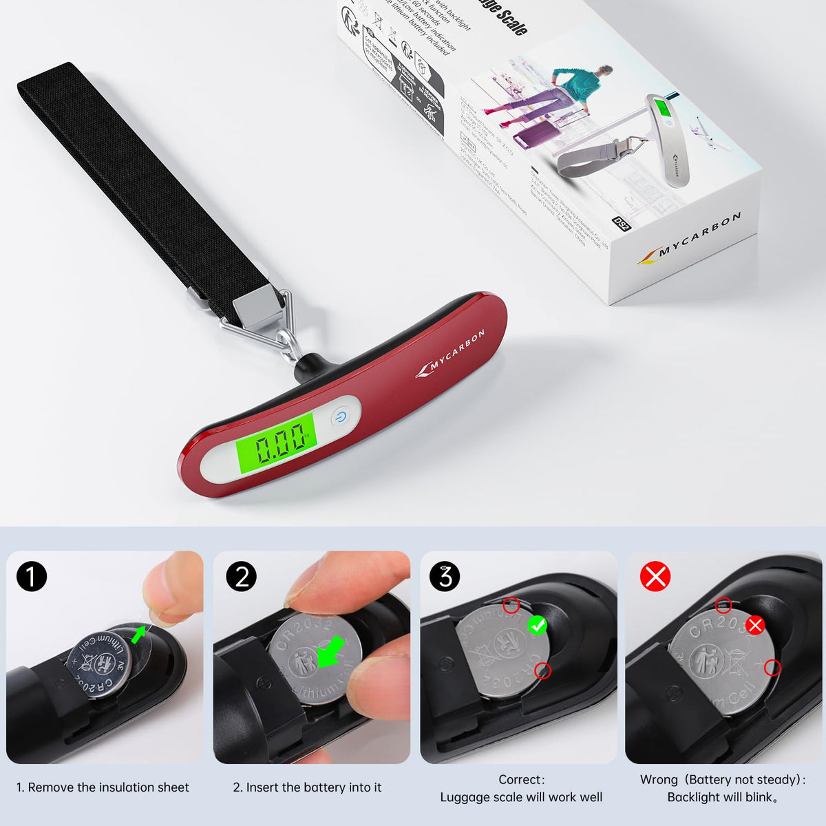 MYCARBON Luggage Scale Portable Digital Weight Scale for Travel Suitcase with Tare Function 110 Lb/ 50Kg Capacity (Silver)