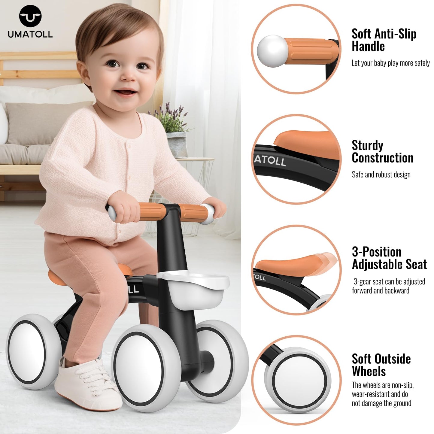 Umatoll Baby Balance Bike for 1 Year Old Boys Girls, 12-24 Months Toddler Balance Bike with Removable Basket, Adjustable Seat, 4 Wheels Infant Bike, First Birthday Gift