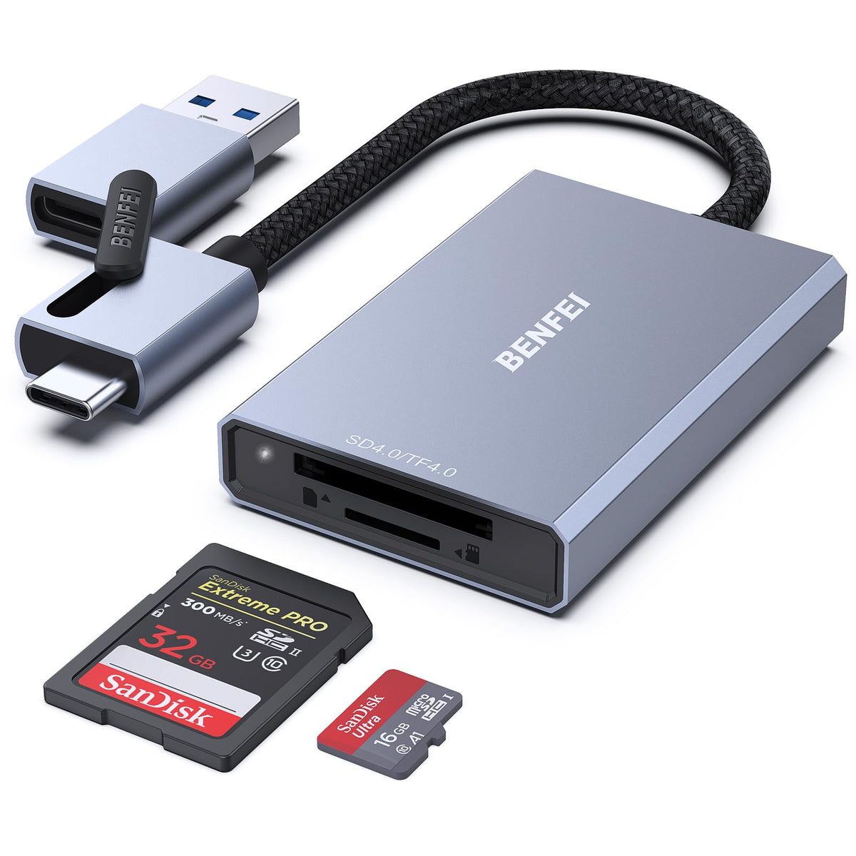 Memory Card Reader, BENFEI 4in1 USB 3.0 and USB-C to SD Micro SD MS CF Card Reader Adapter, 4 Cards Simultaneously Read and Write, Compatible with iPhone 15 series, MacBook Pro/Air 2023, and More