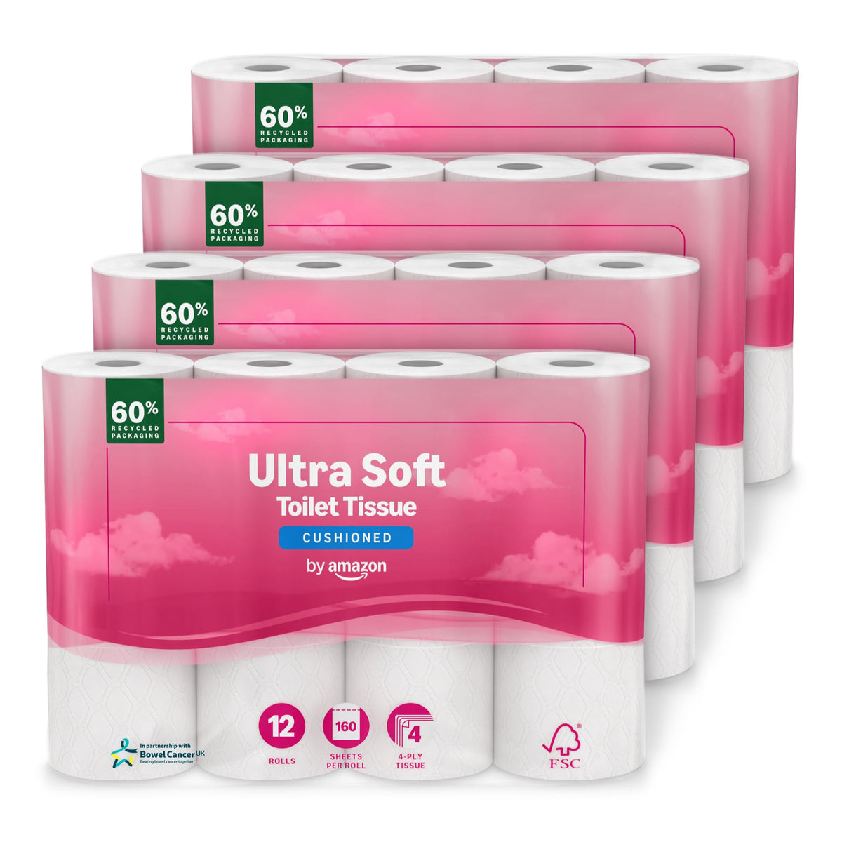 by Amazon Ultra Soft Toilet Tissue, 4-ply, 12 Rolls (1 Pack of 12), 160 Sheets per Roll