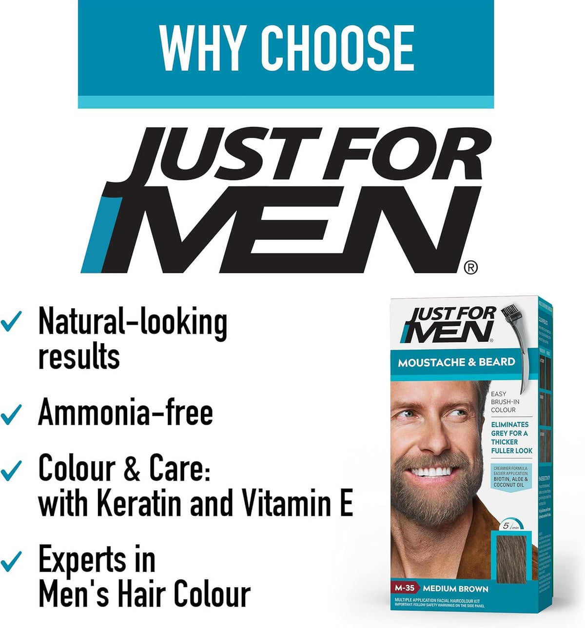 Just for men Moustache & Beard Dark Brown Dye, Eliminates Grey for a Thicker & Fuller Look M45