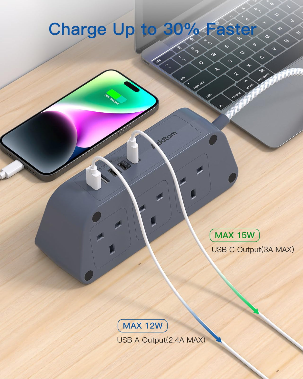 Addtam Extension Lead with USB Slots, 6 Way Outlets 5 USB(5A, 3USB- C Port)