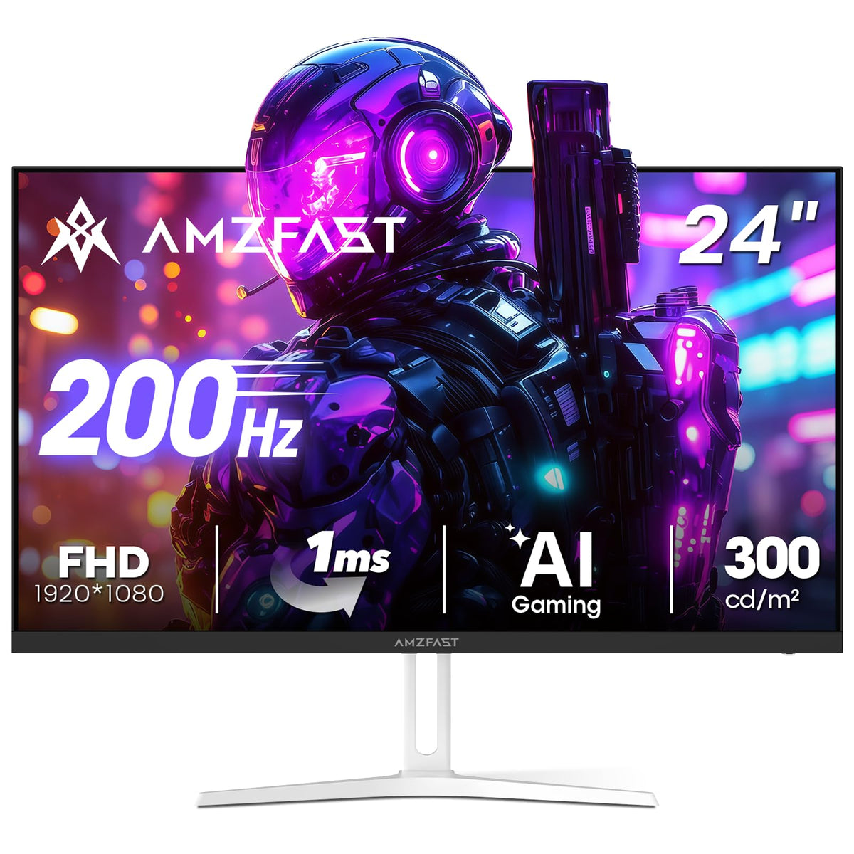 Amzfast 24 Inch 200Hz Gaming Monitor, FHD 1080P Fast IPS, 1ms MPRT, Adaptive Sync, AI-Crosshair, 110% sRGB, HDR, Low Blue Light, HDMI2.0&DP1.4, VESA75x75mm for PC Desktop Laptop PS5 Xbox, G24X1W