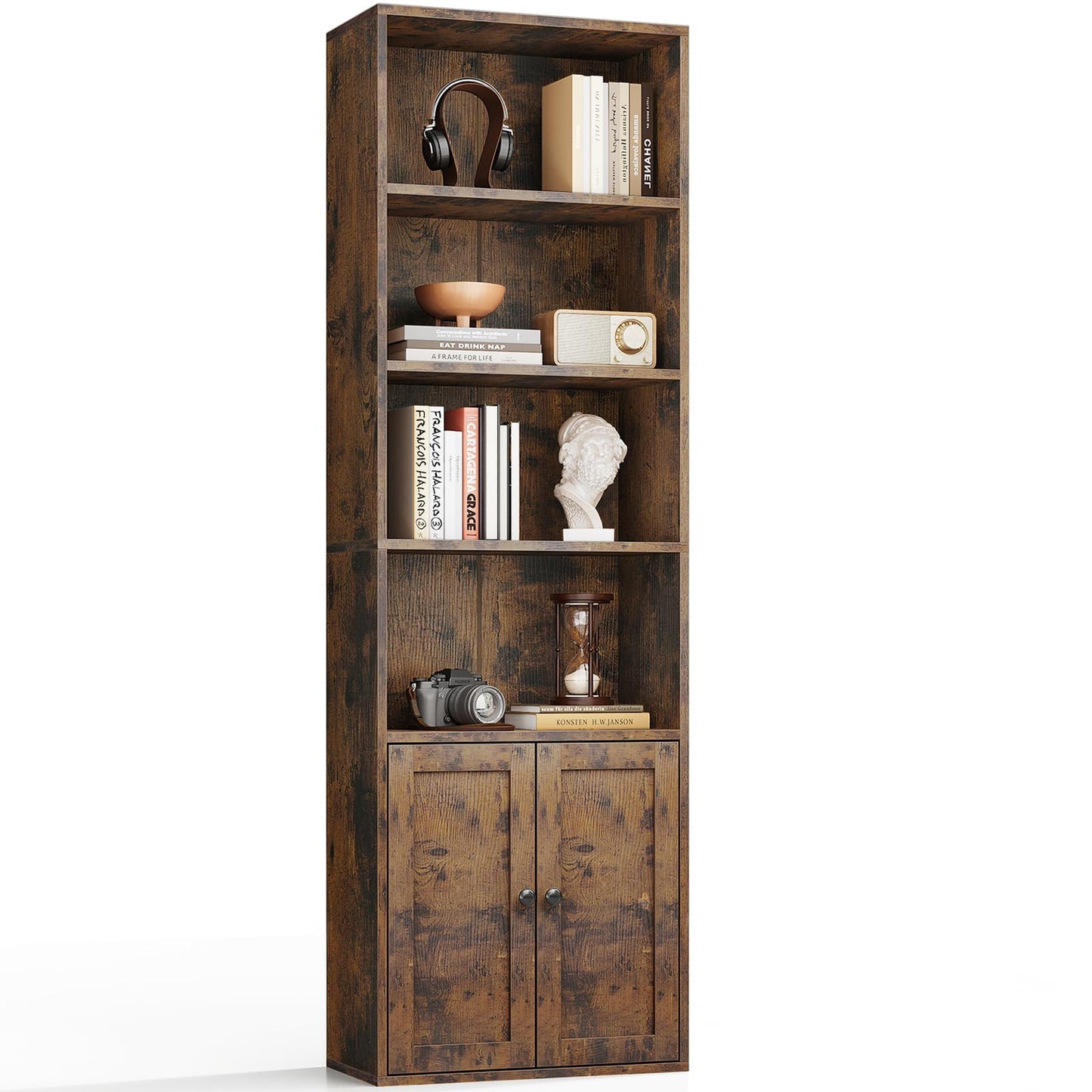 Coleshome 6-Tier Bookcase with Doors and Cabinet, Bookshelf Floor Standing Display Storage Shelf, Bookcases for Home, Office, Living Room, Bedroom, White, 48 x 24 x 176.4
