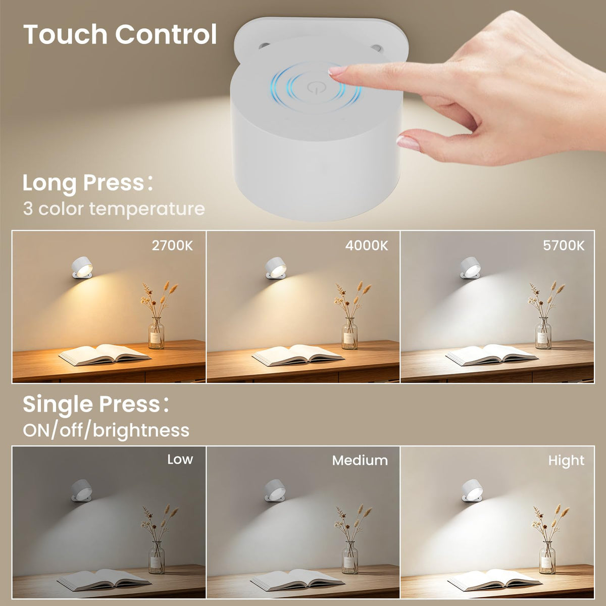 Coollamp LED Battery Operated Wall Lights, 3Pack Wall Lamp with Remote Control 3 Color Modes 3 Brightness Levels 360°Rotate Magnetic, Reading Lights for Living Room Bedroom Black
